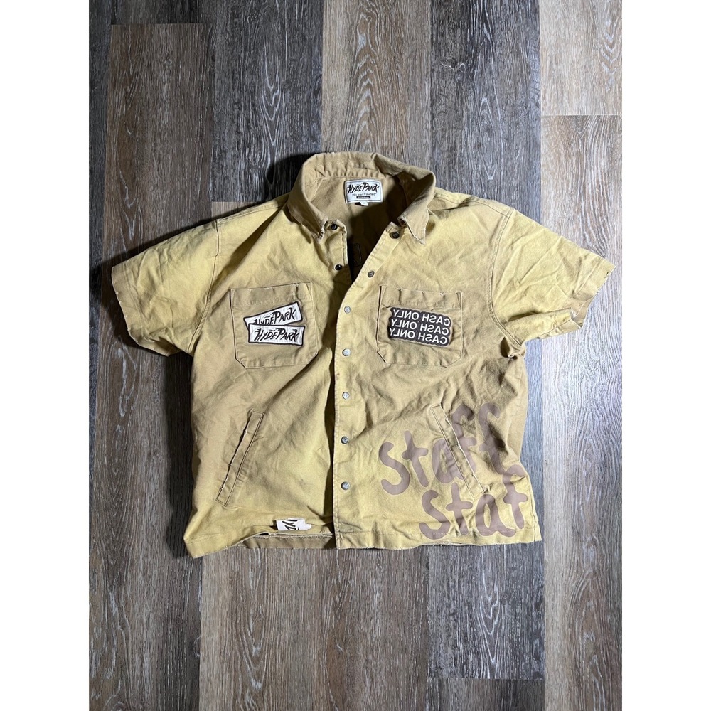 Hyde Park Goods You Arent Invited Tan Canvas Work Shirt Mens Small Patch Graphic